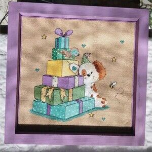 5/$25 10"X10" Vtg Wood Framed Completed Puppy Needlepoint Bird Dog Bees